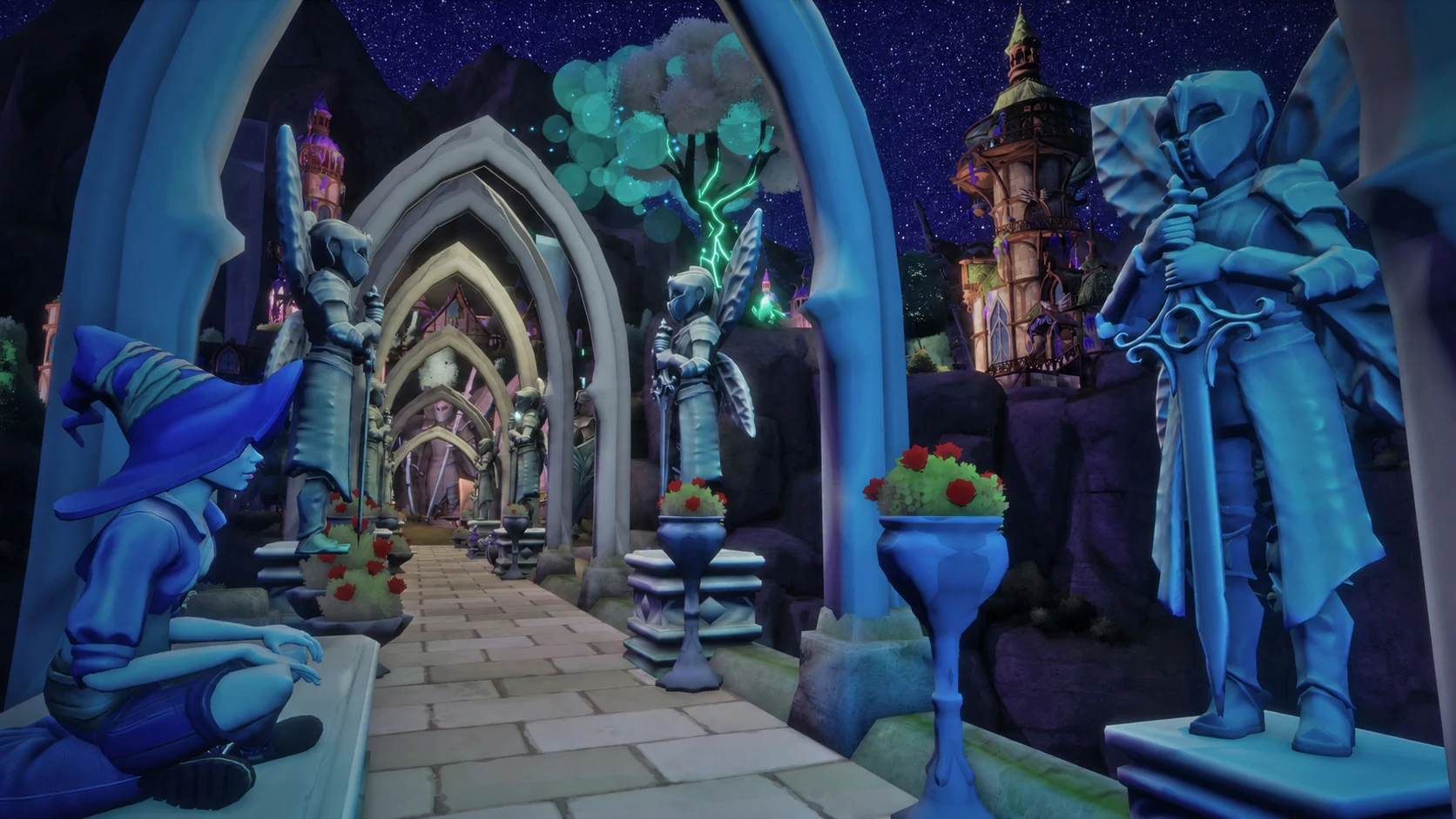 Un plan astral étoilé avec des arches, des statues ailées et un arbre lumineux