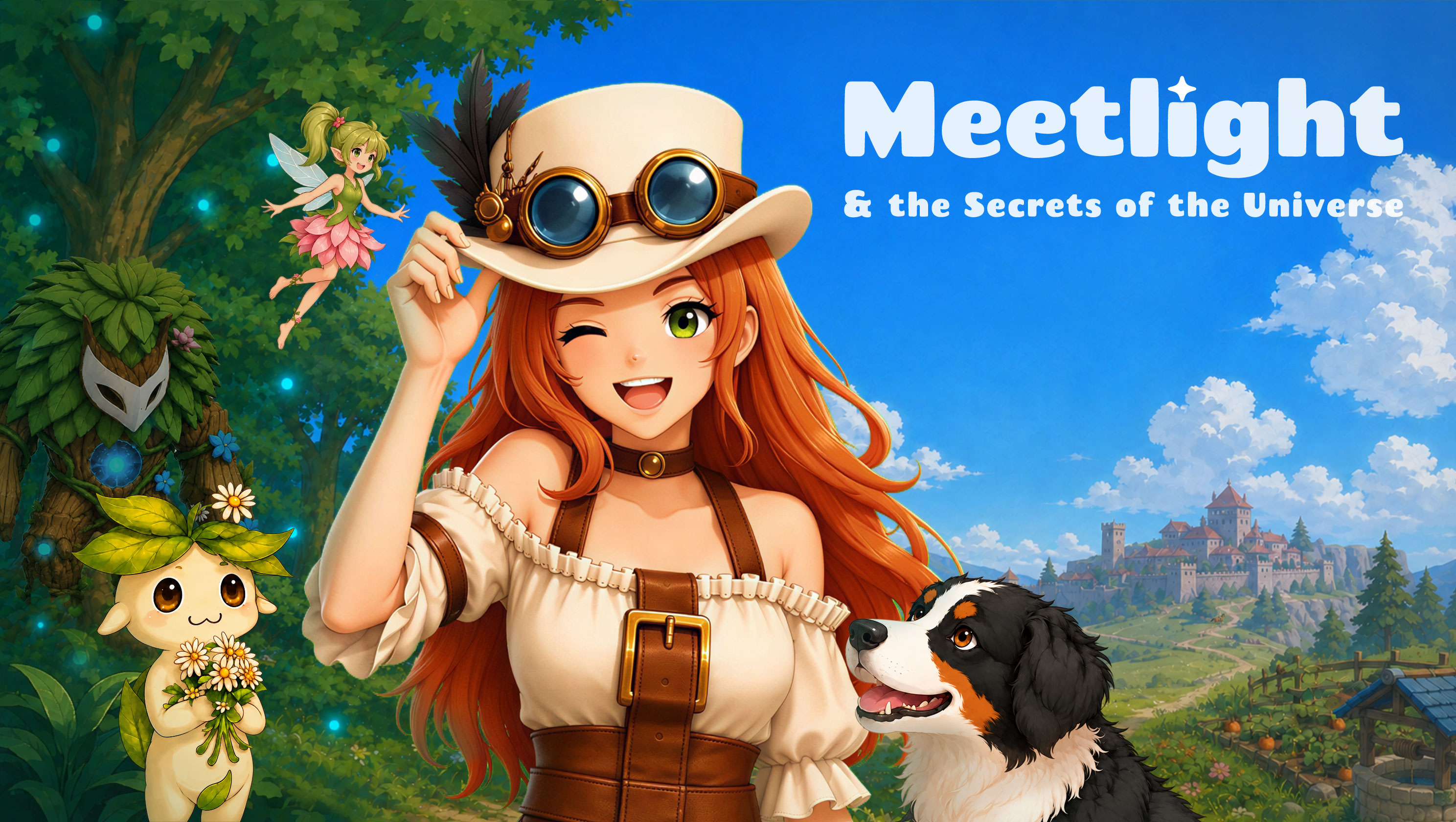 Key art de Meetlight réunissant Anna, Moka, Gus, la fée et le Gardien dans Allaya