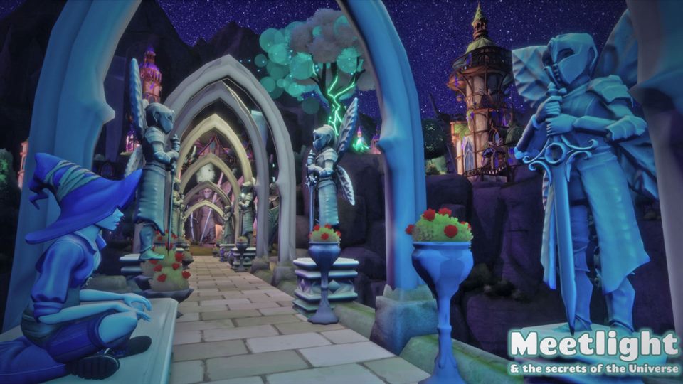 Une cité astrale bleue et violette peuplée de statues